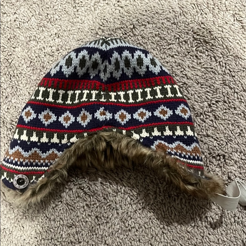 Blue and Red Fair Isle Winter Hat with Earflaps